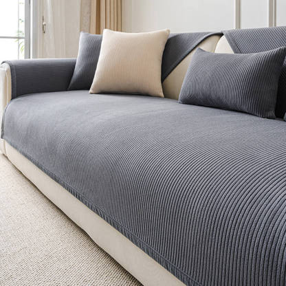 Modern Cream Vertical Stripes Fleece Sofa Cover for All Seasons