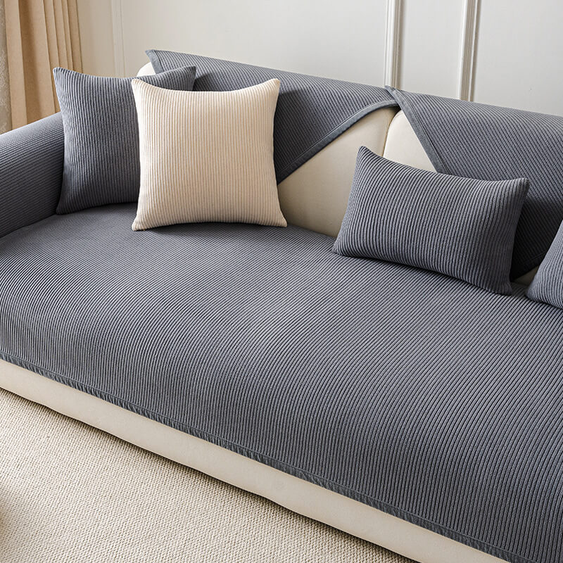 Modern Cream Vertical Stripes Fleece Sofa Cover for All Seasons
