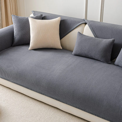 Modern Cream Vertical Stripes Fleece Sofa Cover for All Seasons