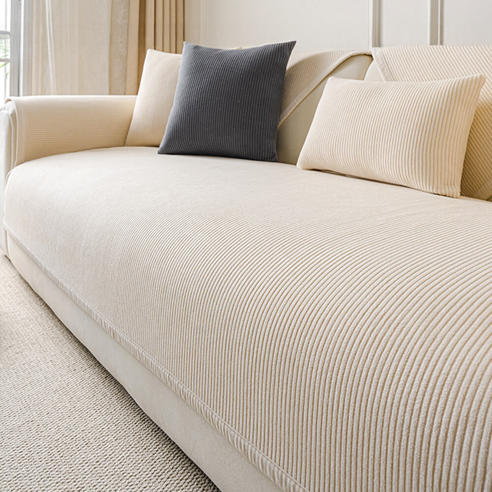 Modern Cream Vertical Stripes Fleece Sofa Cover for All Seasons