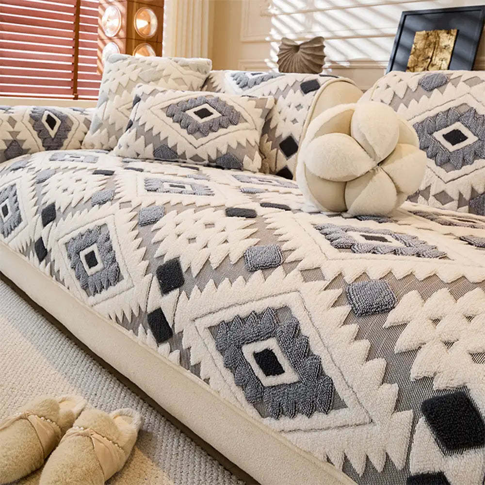 Modern Geometric Thick Plush Anti-Scratch Non-Slip Sofa Cover