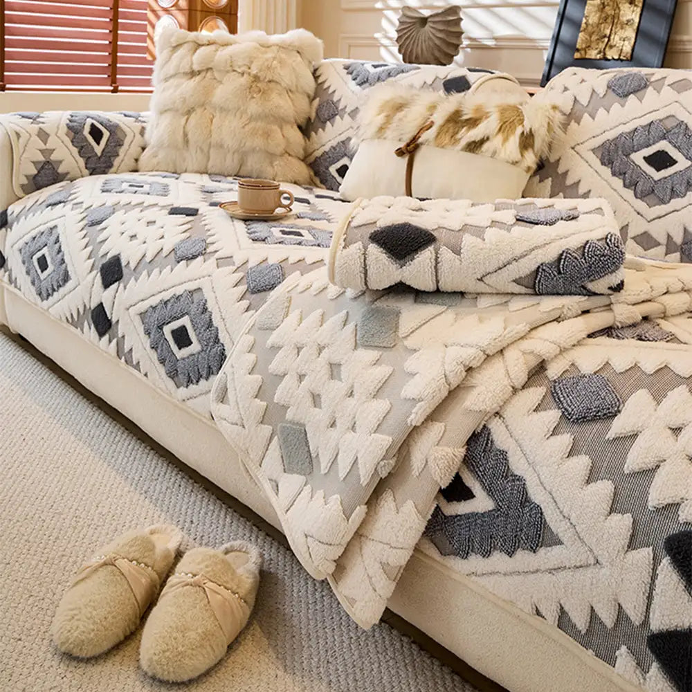 Modern Geometric Thick Plush Anti-Scratch Non-Slip Sofa Cover