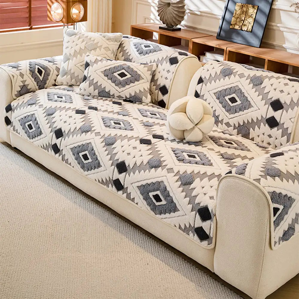 Modern Geometric Thick Plush Anti-Scratch Non-Slip Sofa Cover