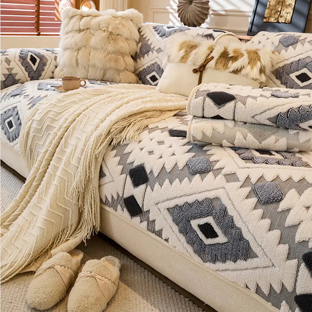 Modern Geometric Thick Plush Anti-Scratch Non-Slip Sofa Cover