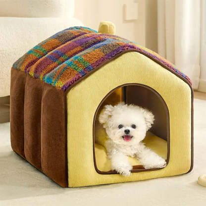 Plaid Retro Cozy Cave-Style Warm Deep Sleeping Dog & Cat Bed - Retro House