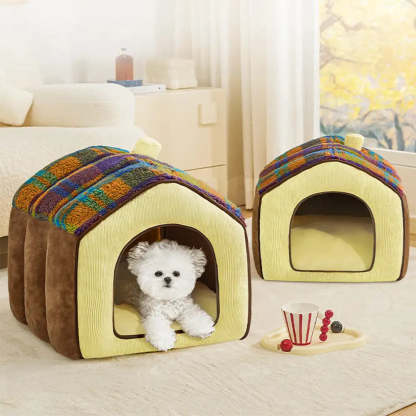 Plaid Retro Cozy Cave-Style Warm Deep Sleeping Dog & Cat Bed - Retro House