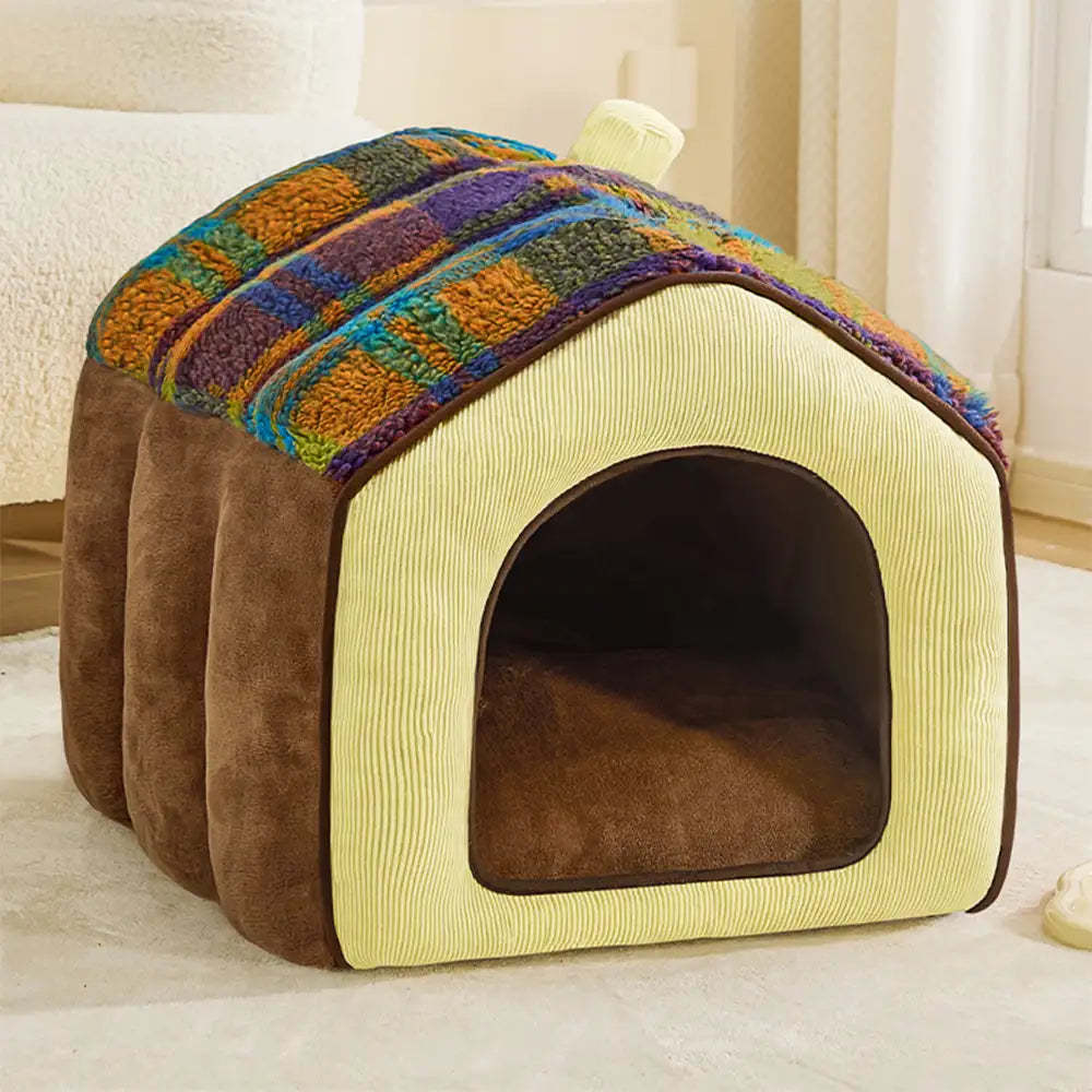 Plaid Retro Cozy Cave-Style Warm Deep Sleeping Dog & Cat Bed - Retro House