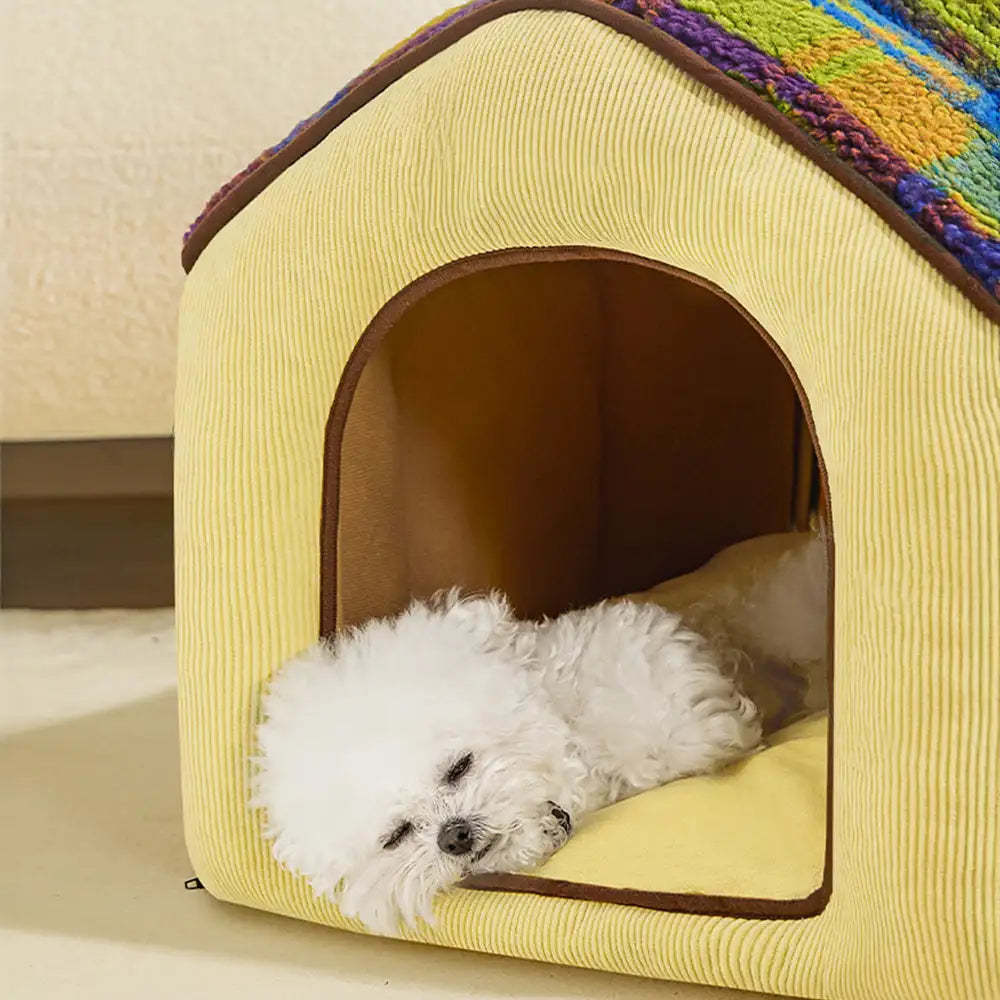 Plaid Retro Cozy Cave-Style Warm Deep Sleeping Dog & Cat Bed - Retro House