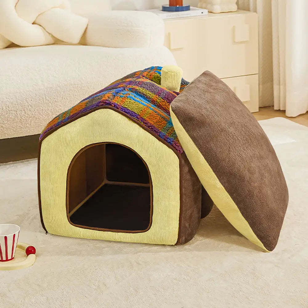 Plaid Retro Cozy Cave-Style Warm Deep Sleeping Dog & Cat Bed - Retro House