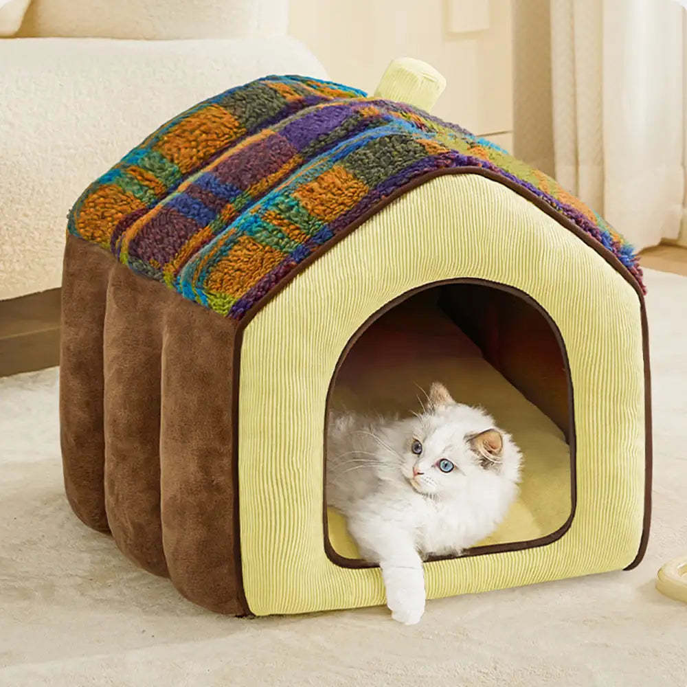 Plaid Retro Cozy Cave-Style Warm Deep Sleeping Dog & Cat Bed - Retro House