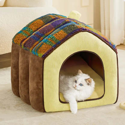 Plaid Retro Cozy Cave-Style Warm Deep Sleeping Dog & Cat Bed - Retro House
