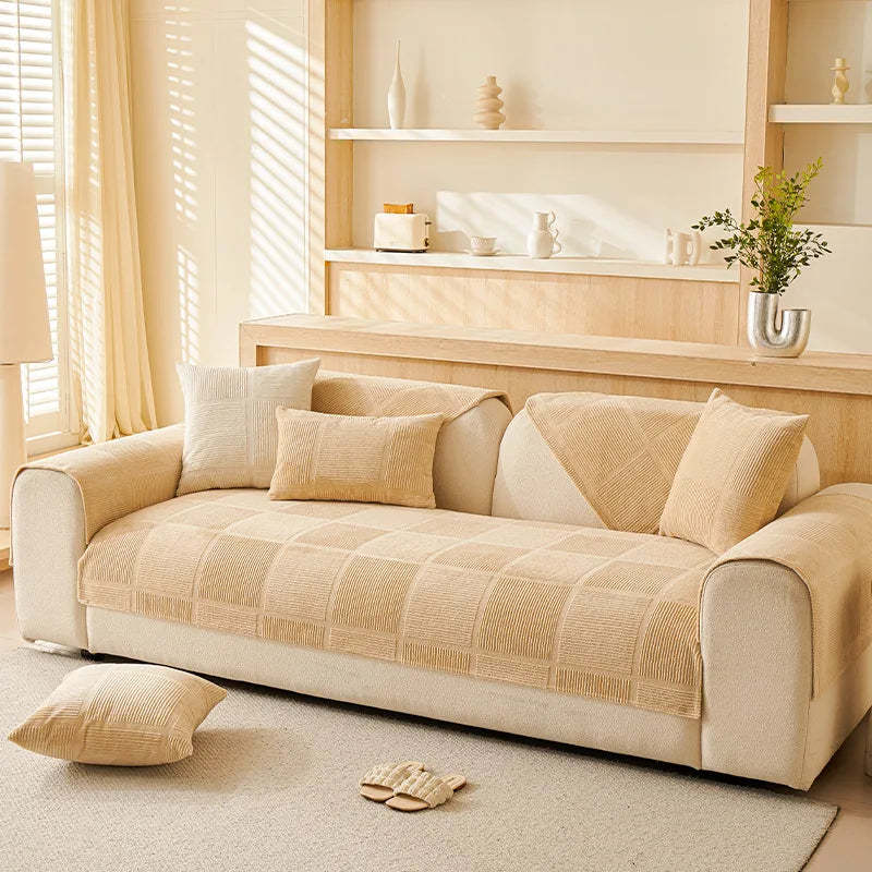 Plush Cream Geometric All Seasons Non-Slip Sofa Cover