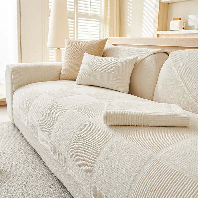 Plush Cream Geometric All Seasons Non-Slip Sofa Cover