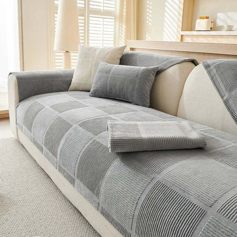 Plush Cream Geometric All Seasons Non-Slip Sofa Cover