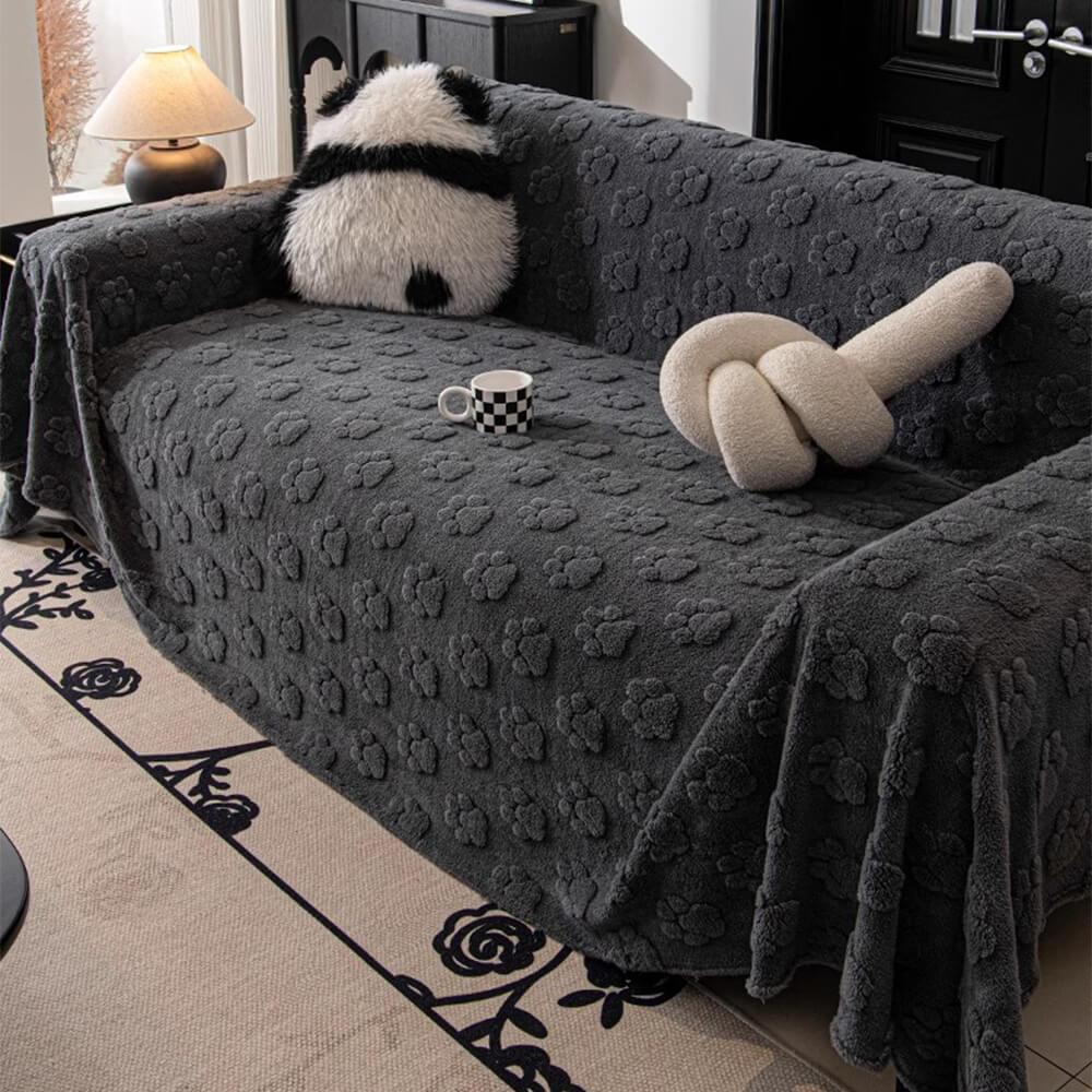Plush Paw-Patterned Soft Furniture Protector Sofa Throw Cover