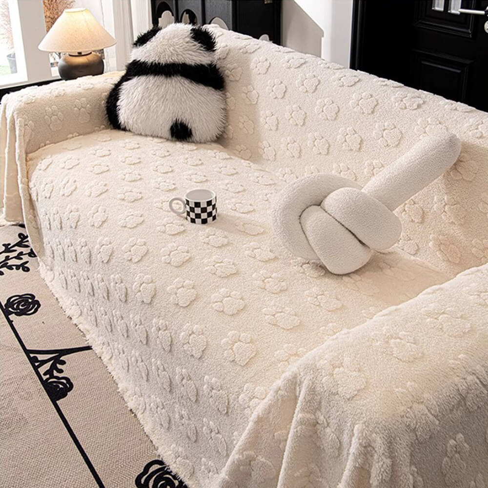 Plush Paw-Patterned Soft Furniture Protector Sofa Throw Cover