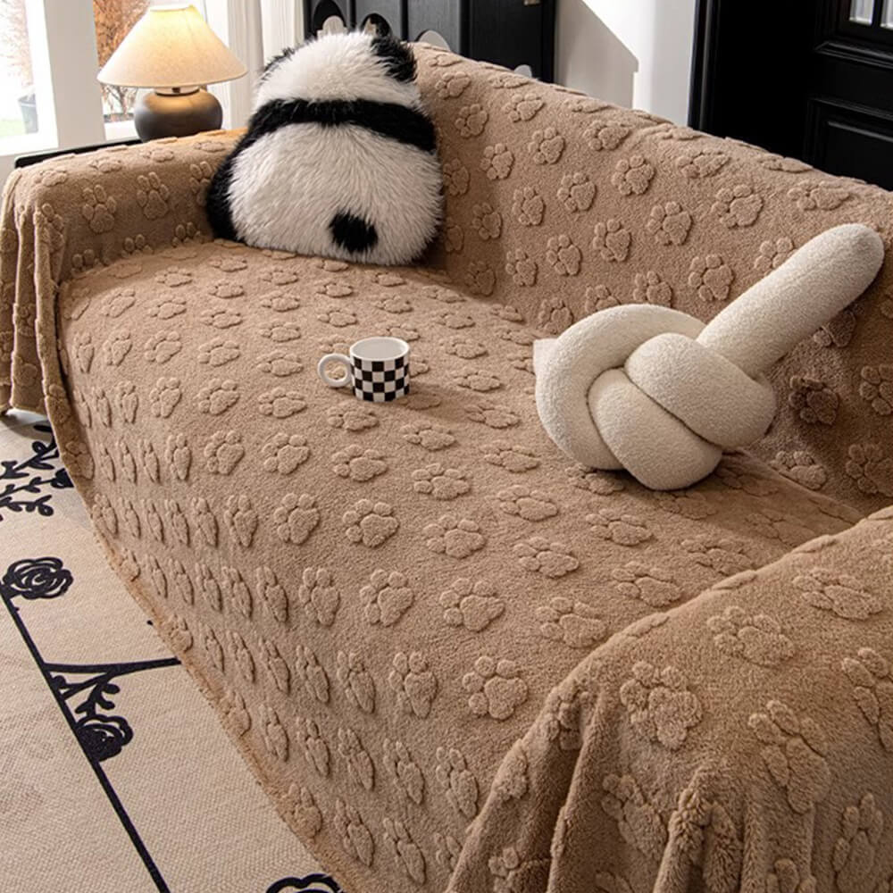 Plush Paw-Patterned Soft Furniture Protector Sofa Throw Cover