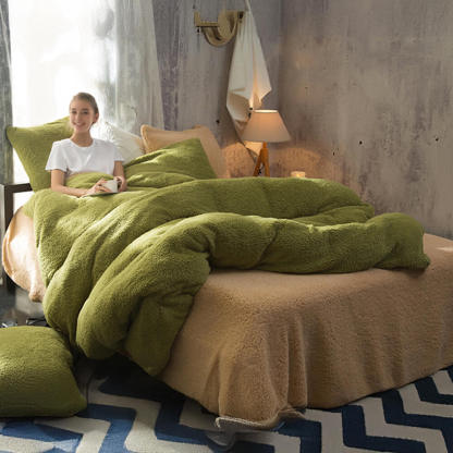 Reversible Two Tone Thickened Warm Sherpa Fleece Bed Sheet Set