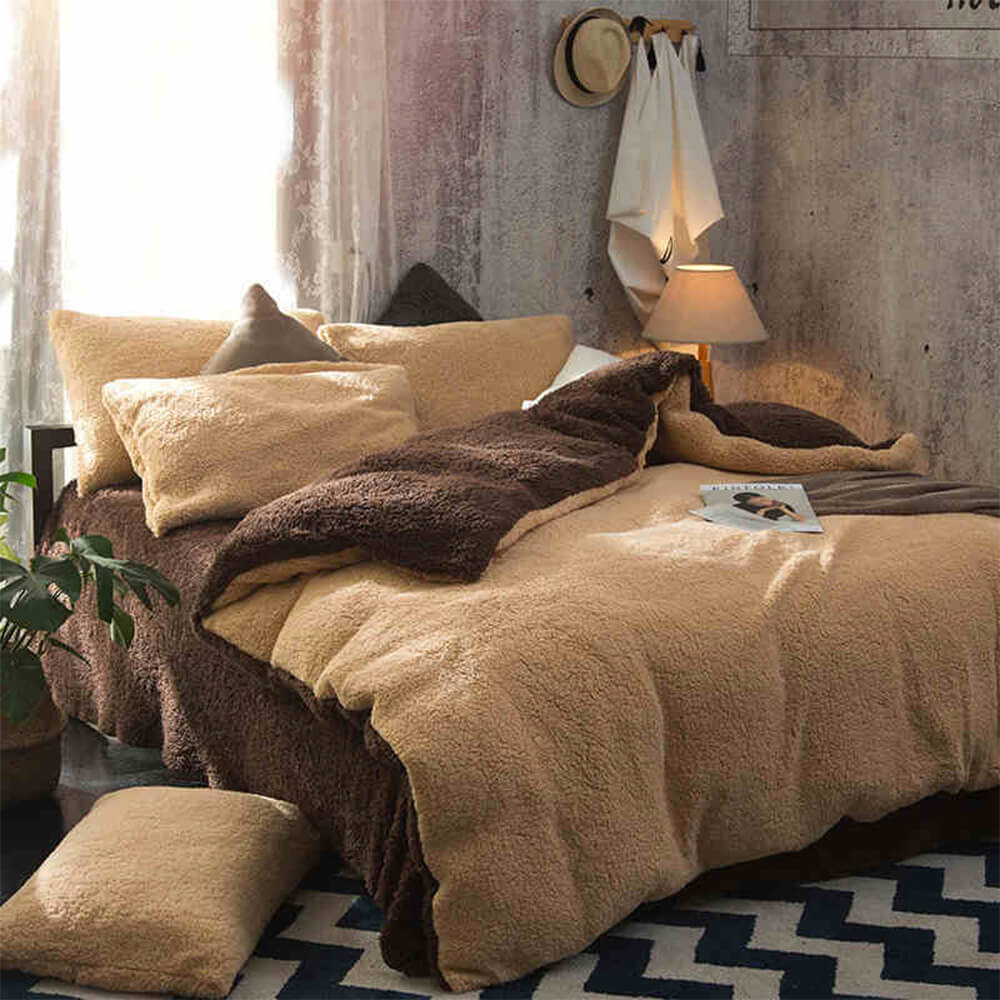 Reversible Two Tone Thickened Warm Sherpa Fleece Bed Sheet Set