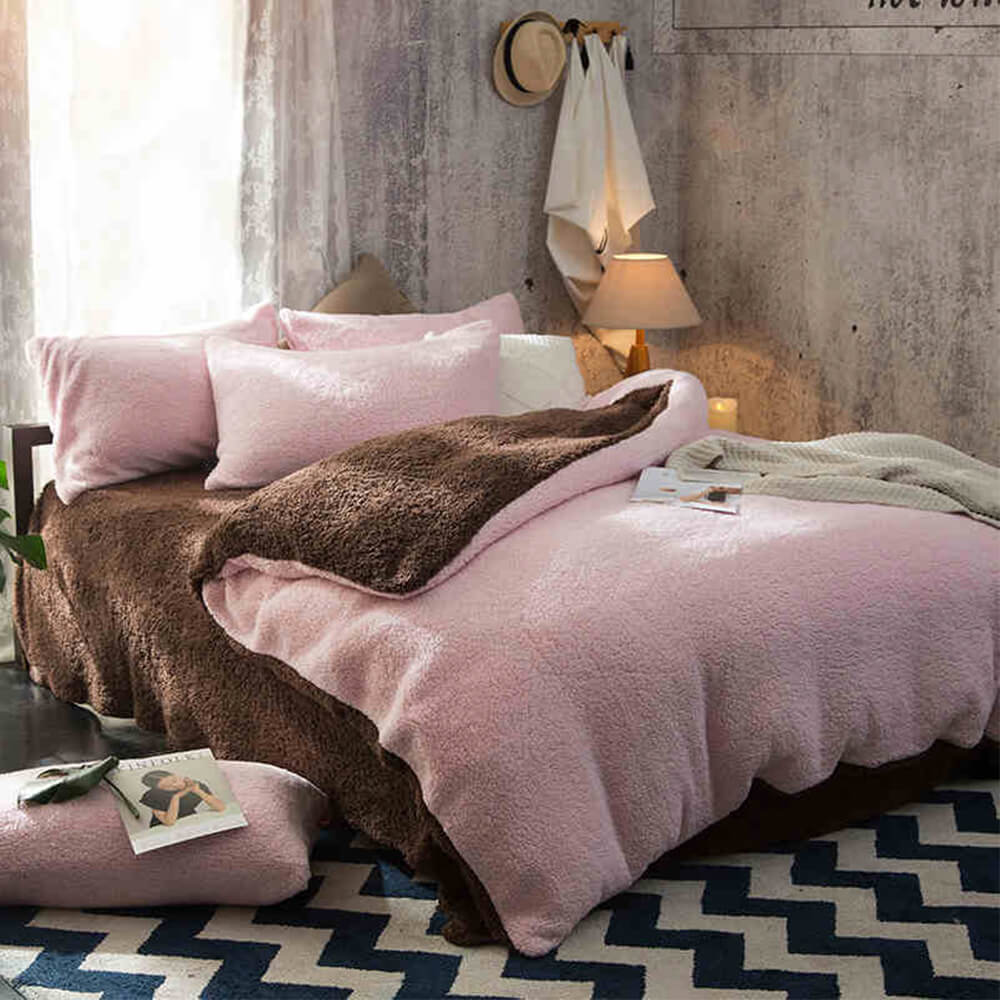 Reversible Two Tone Thickened Warm Sherpa Fleece Bed Sheet Set