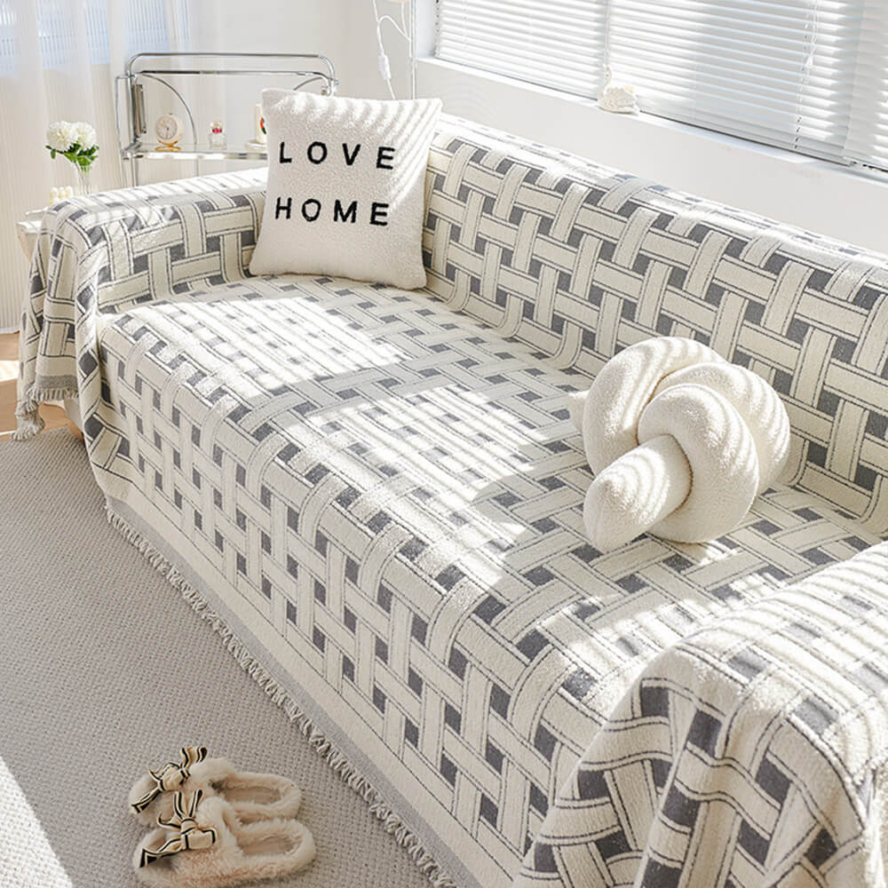 Stylish Chequered Fringed Tassel Chenille Sofa Protector Throw Sofa Co
