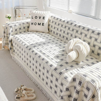 Stylish Chequered Fringed Tassel Chenille Sofa Protector Throw Sofa Co