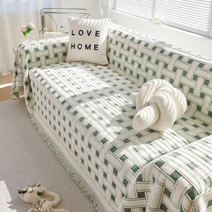 Stylish Chequered Fringed Tassel Chenille Sofa Protector Throw Sofa Cover