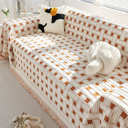 Stylish Chequered Fringed Tassel Chenille Sofa Protector Throw Sofa Cover