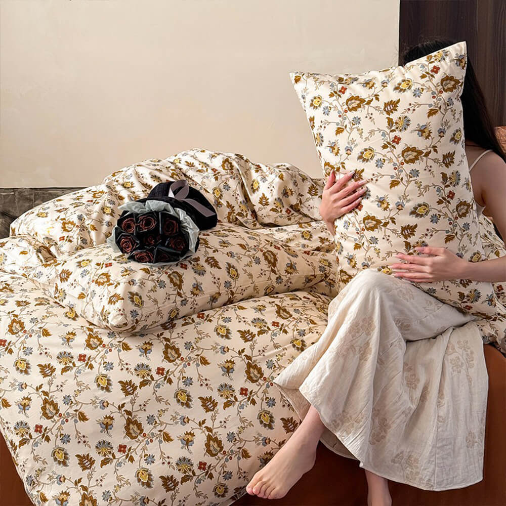 Vintage French Floral Cotton Duvet Cover Bed Sheet Set