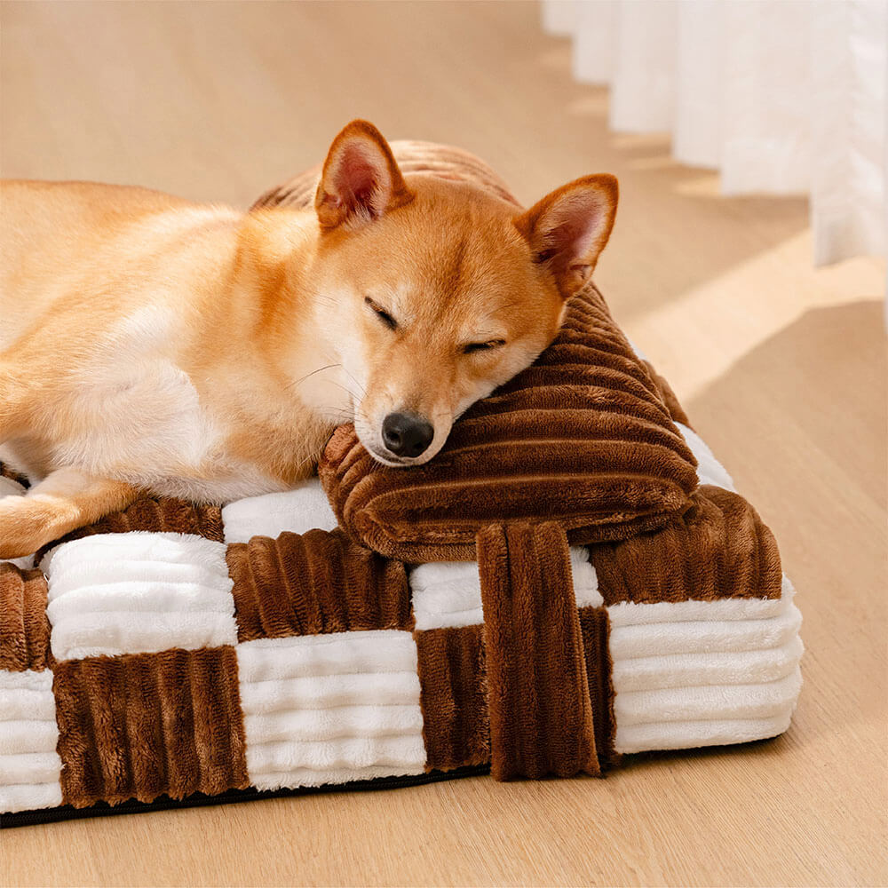 Handmade Plush Colour Block Plaid Orthopaedic Support Dog Bed with Pillow