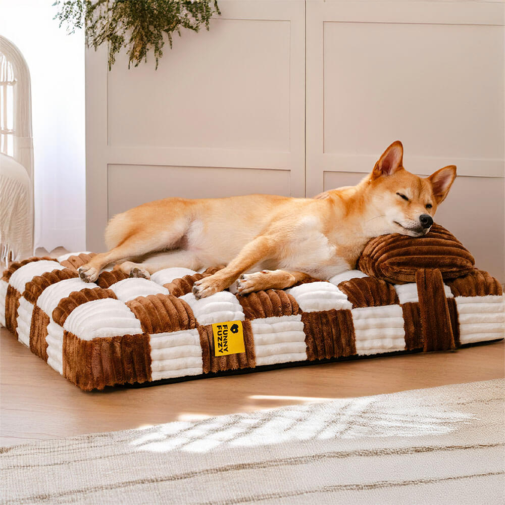 Handmade Plush Colour Block Plaid Orthopaedic Support Dog Bed with Pillow