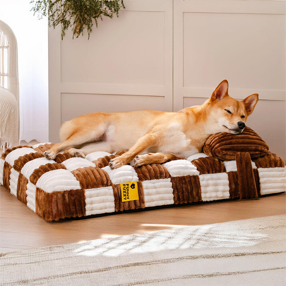 Handmade Plush Colour Block Plaid Orthopaedic Support Dog Bed with Pillow
