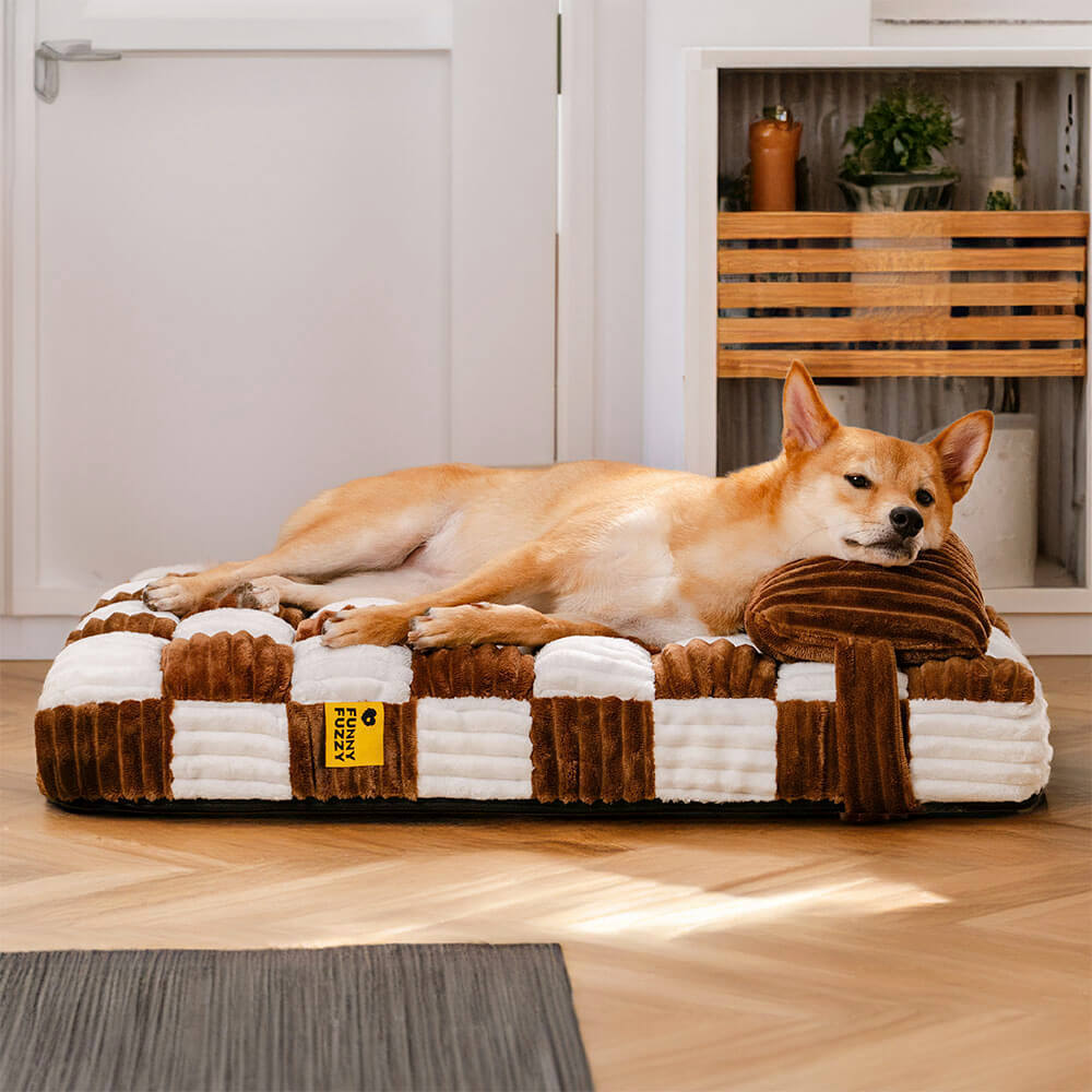 Handmade Plush Colour Block Plaid Orthopaedic Support Dog Bed with Pillow