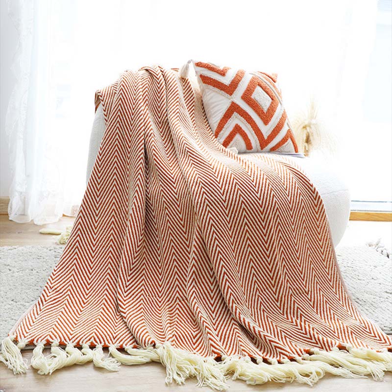 Knitted Tassel Throw Herringbone Pattern Blanket