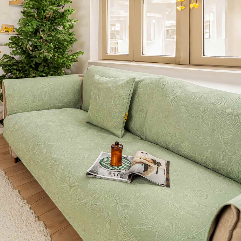 Luxury Solid Colour Leaf Textured Jacquard Furniture Protector Sofa Cover-FunnyFuzzy