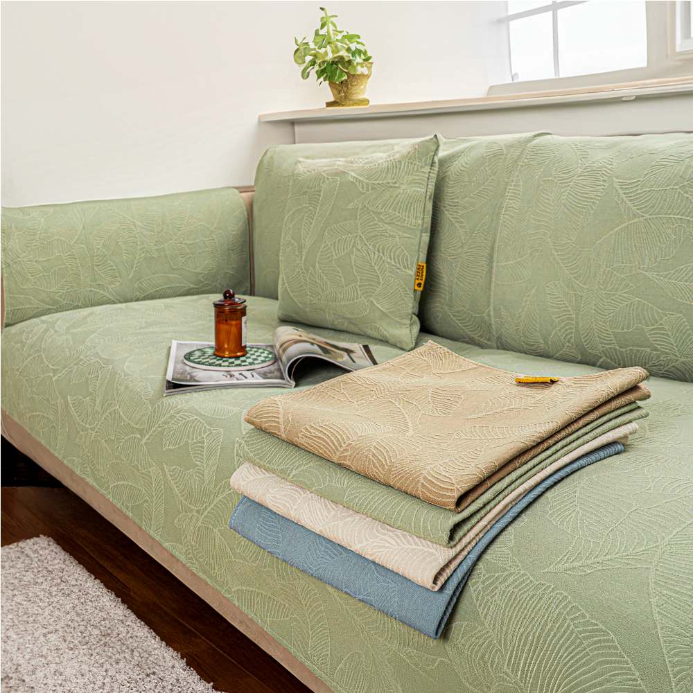 Luxury Solid Colour Leaf Textured Jacquard Furniture Protector Sofa Cover