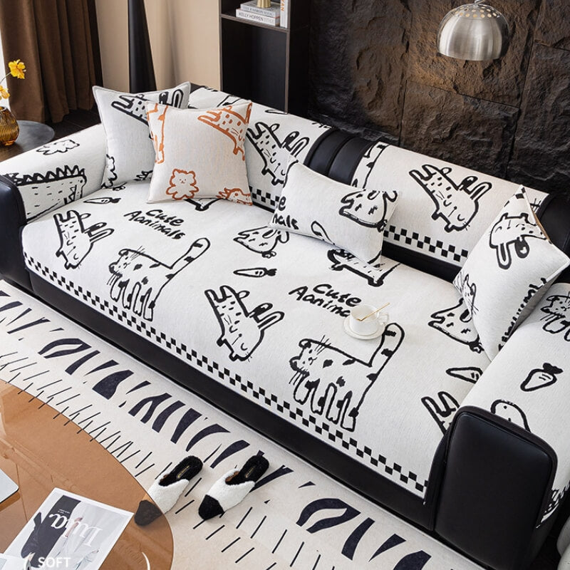 Playful Cat Chenille Fabric Anti-Scratch Sofa Protection Sofa Cover