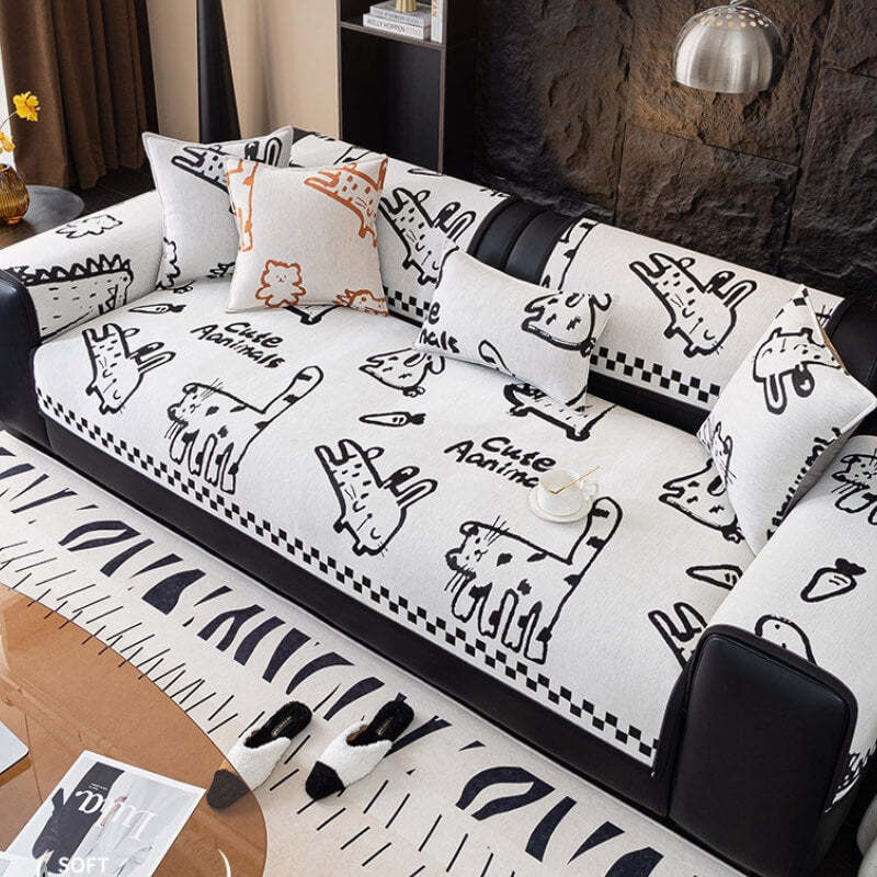 Playful Cat Chenille Fabric Anti-Scratch Sofa Protection Sofa Cover