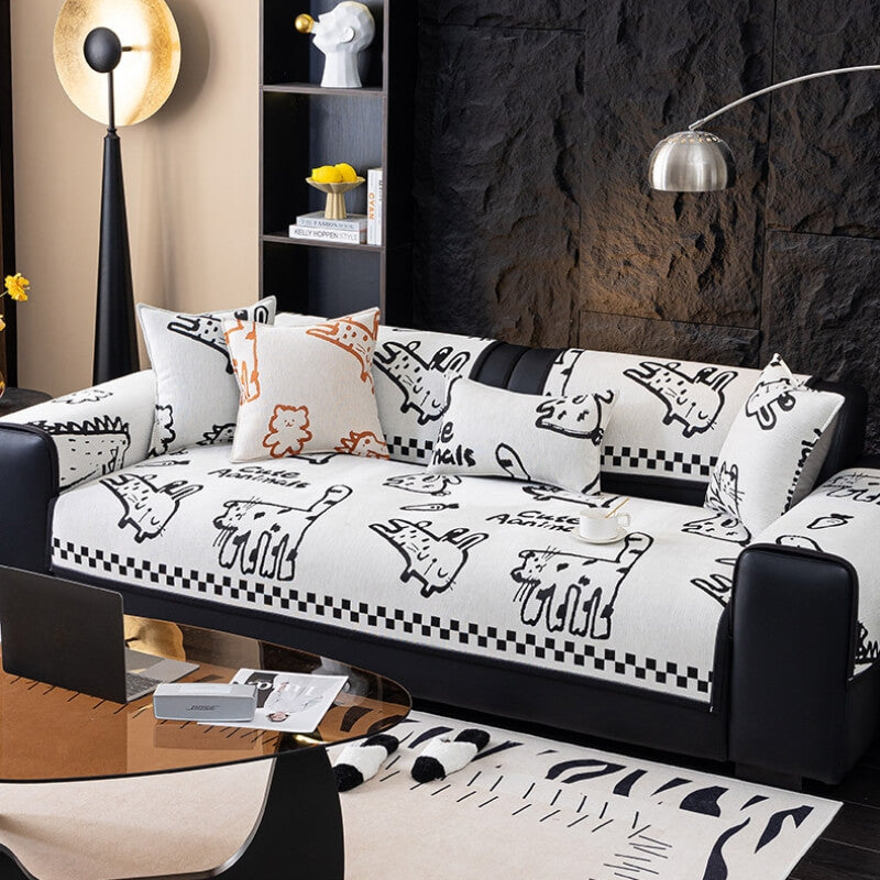 Playful Cat Chenille Fabric Anti-Scratch Sofa Protection Sofa Cover