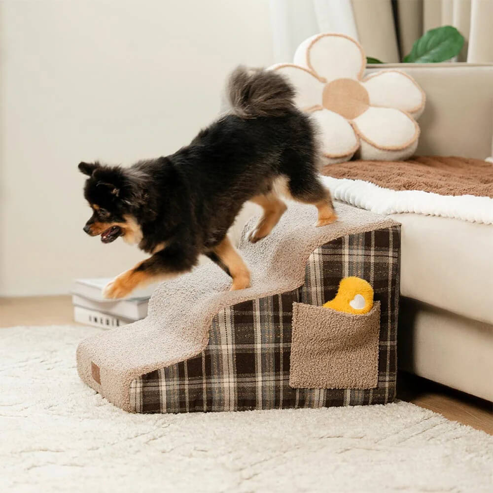 Plush Plaid High-Density Sponge Removable Pet Ramp Stairs - ComfyClimb