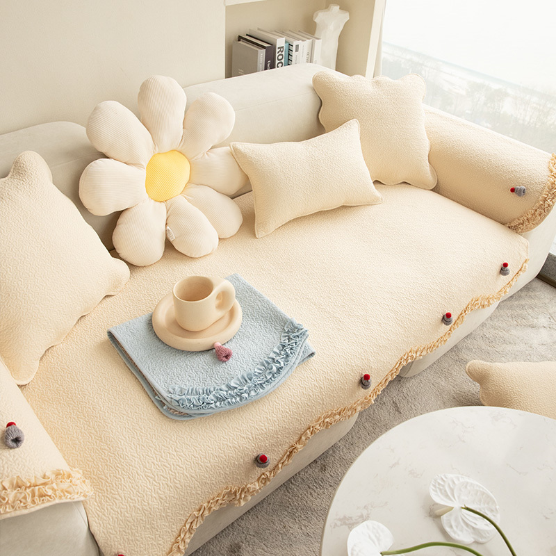 Light Colour Cotton Lace Trim Sofa Cover with Knitted Hat