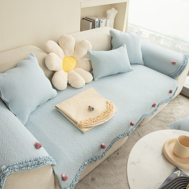 Light Colour Cotton Lace Trim Sofa Cover with Knitted Hat