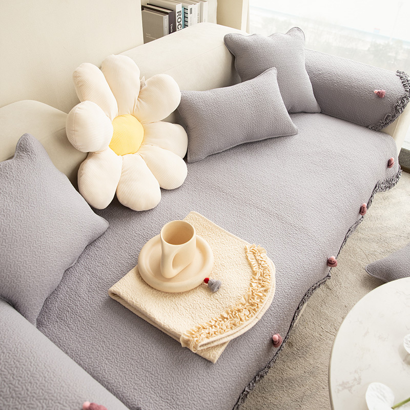 Light Colour Cotton Lace Trim Sofa Cover with Knitted Hat