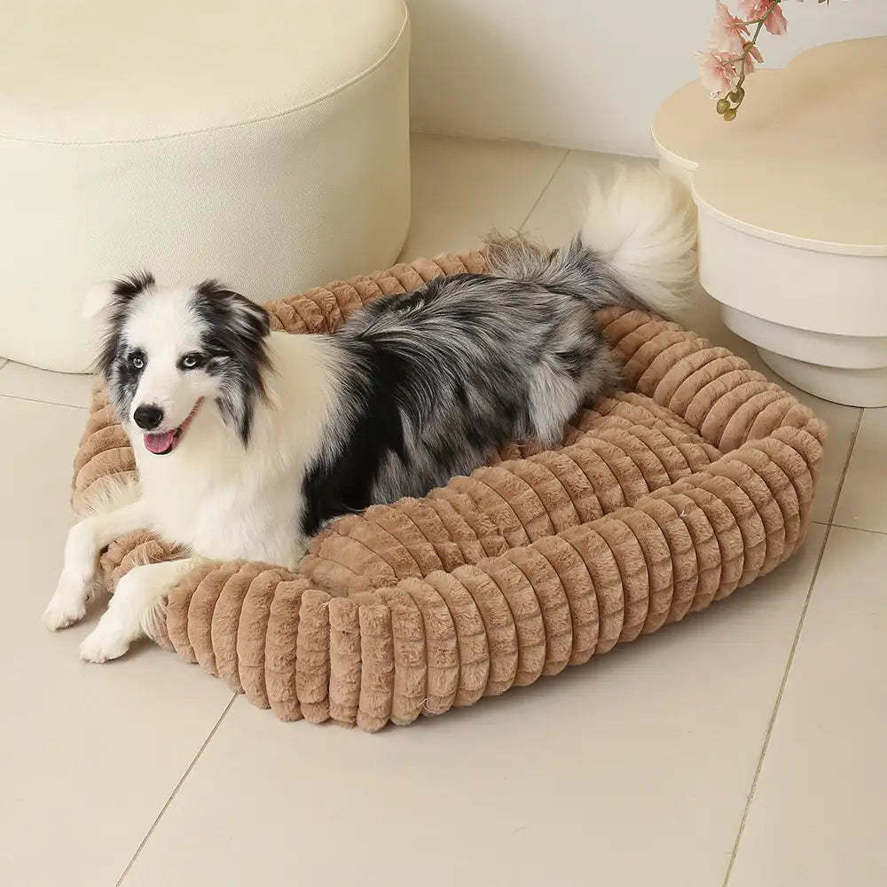 Square Striped Short Plush Fluffy Dog Bed for Small to Large Dogs’ Deep Rest