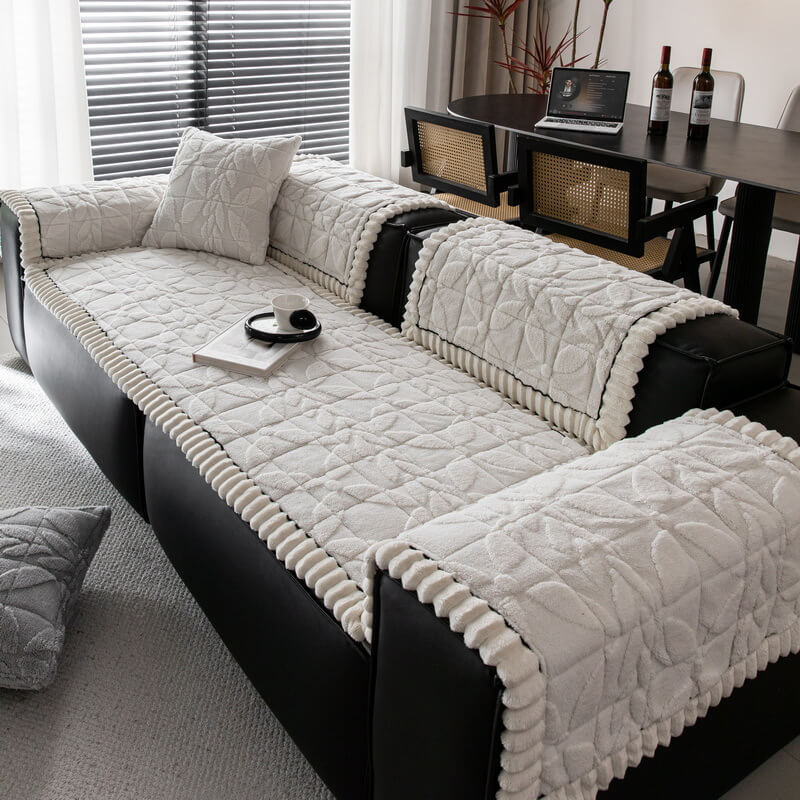 Thickend Short Plush Leaf Pattern Scratch Resistant Non-Slip Sofa Cover