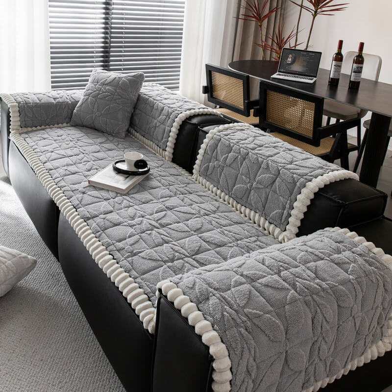 Thickend Short Plush Leaf Pattern Scratch Resistant Non-Slip Sofa Cover