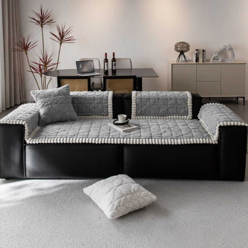 Thickend Short Plush Leaf Pattern Scratch Resistant Non-Slip Sofa Cover