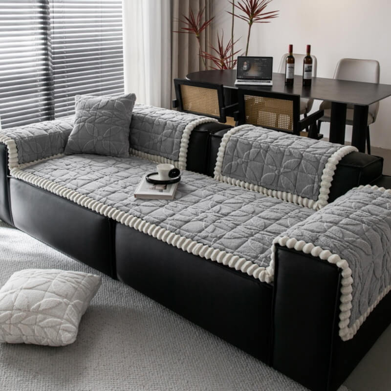Thickend Short Plush Leaf Pattern Scratch Resistant Non-Slip Sofa Cover