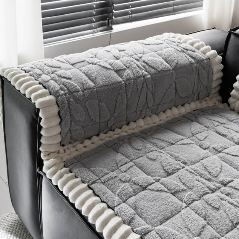 Thickend Short Plush Leaf Pattern Scratch Resistant Non-Slip Sofa Cover