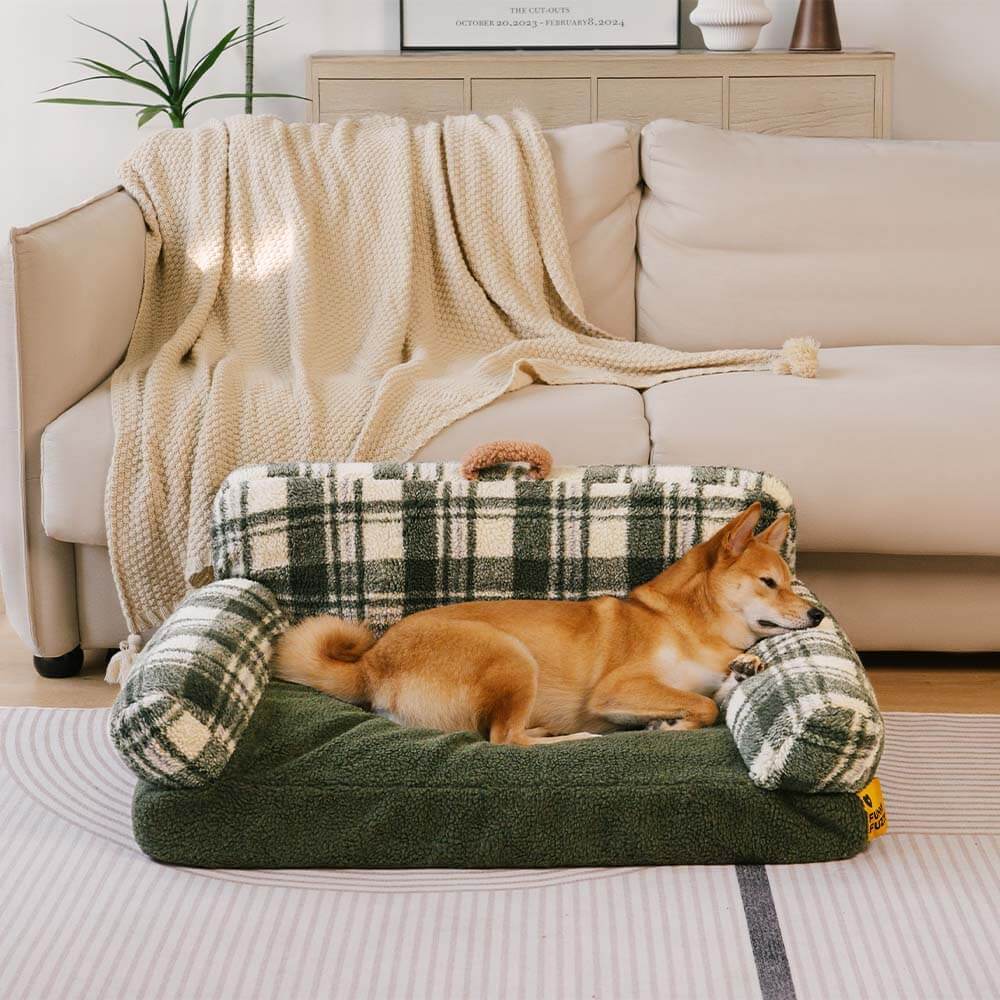 Vintage Chequered Washable Calming Dog & Cat Sofa Bed